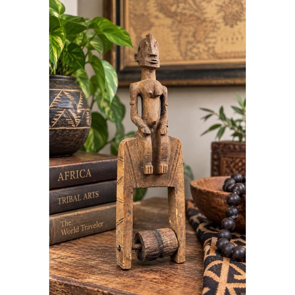 VTG African Carved Wood Heddle Loom Pulley Female Figure Tribal Folk Art 10.25"